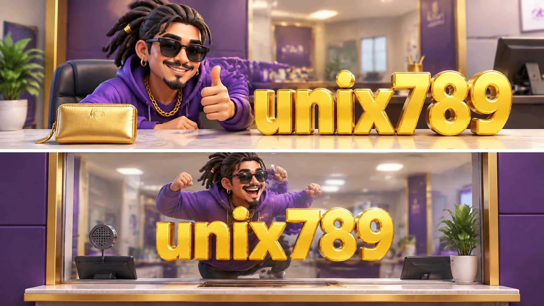 มาสคอตการ์ตูน DNA789 ที่โต๊ะฝากถอน unix789